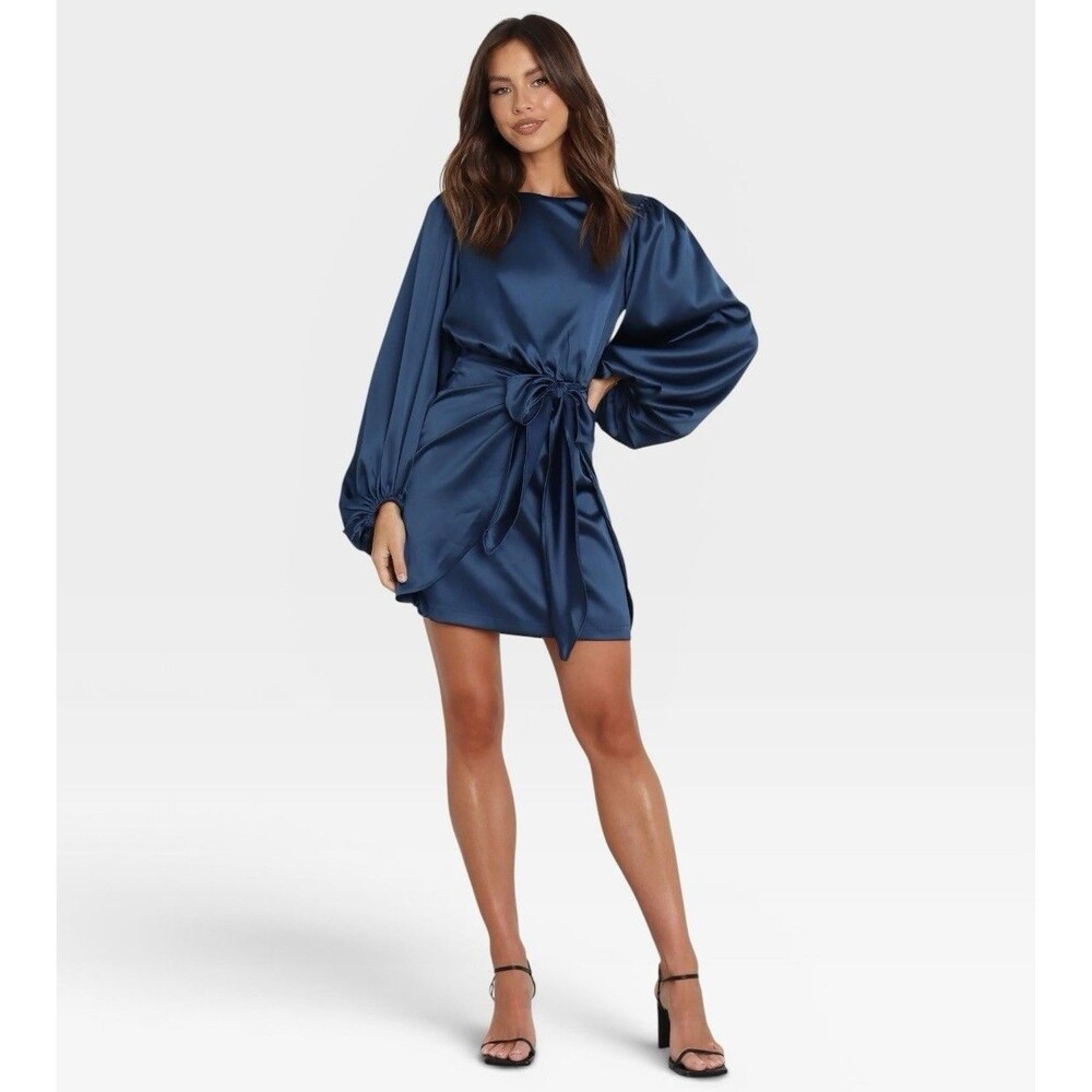 NWT Petal + Pup Blue Satin Cutout Mini Opal Dress Tie Waist Chic Size 0 NEW $89